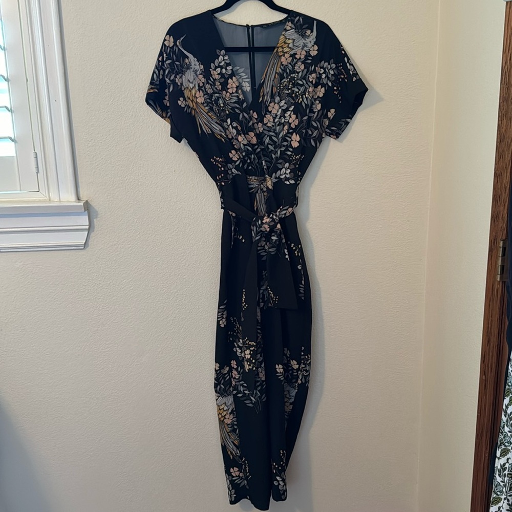 Zara Navy Floral Wrap Jumpsuit